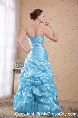 Asymmetrical Ruched Aqua Blue Organza Beading Prom Dresses