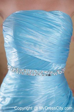 Asymmetrical Ruched Aqua Blue Organza Beading Prom Dresses