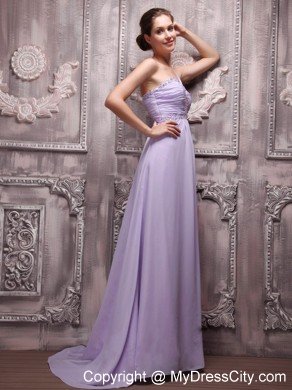 Chiffon One Shoulder Lilac Beading Prom Gowns Brush Train