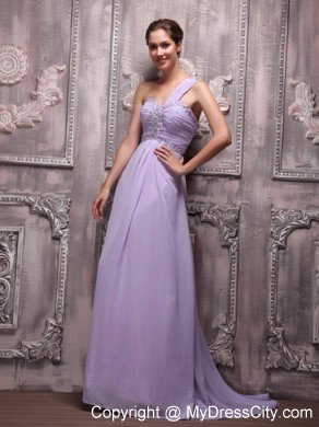 Chiffon One Shoulder Lilac Beading Prom Gowns Brush Train