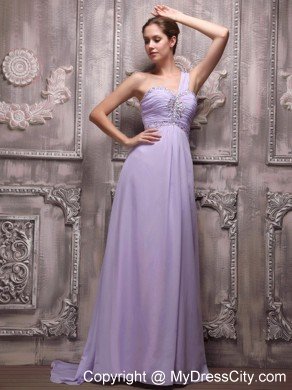 Chiffon One Shoulder Lilac Beading Prom Gowns Brush Train