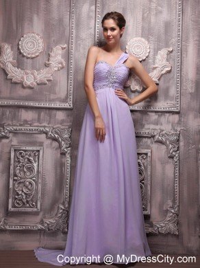 Chiffon One Shoulder Lilac Beading Prom Gowns Brush Train