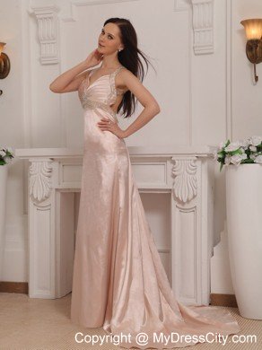 Light Pink Straps with Cut Out Waist Beaded Prom Dress Train