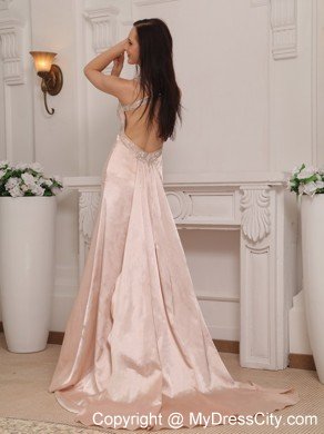 Light Pink Straps with Cut Out Waist Beaded Prom Dress Train