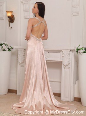 Light Pink Straps with Cut Out Waist Beaded Prom Dress Train