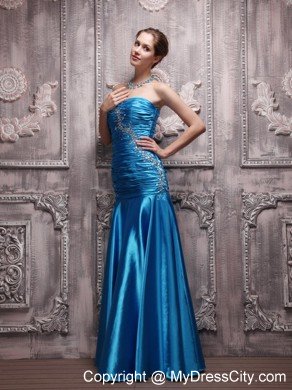 Pleated Blue Beaded Ruching Prom Dress Taffeta Sweetheart