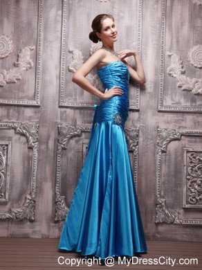 Pleated Blue Beaded Ruching Prom Dress Taffeta Sweetheart