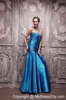 Pleated Blue Beaded Ruching Prom Dress Taffeta Sweetheart