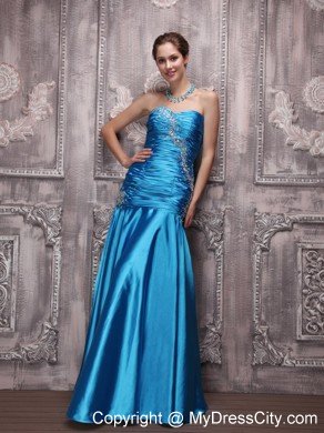 Pleated Blue Beaded Ruching Prom Dress Taffeta Sweetheart