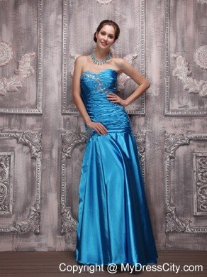 Pleated Blue Beaded Ruching Prom Dress Taffeta Sweetheart