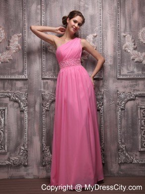 Rose Pink One Shoulder Chiffon Ruched Beading Prom Evening Dress