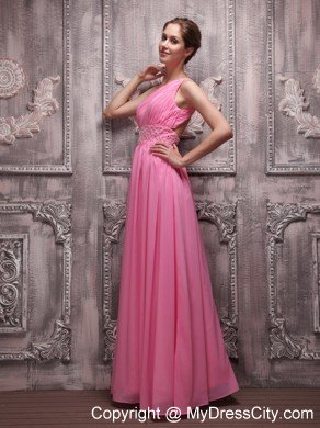 Rose Pink One Shoulder Chiffon Ruched Beading Prom Evening Dress