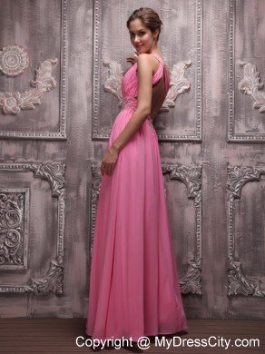 Rose Pink One Shoulder Chiffon Ruched Beading Prom Evening Dress