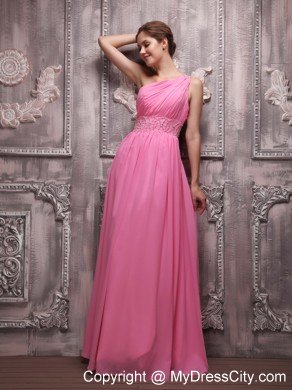 Rose Pink One Shoulder Chiffon Ruched Beading Prom Evening Dress