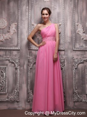 Rose Pink One Shoulder Chiffon Ruched Beading Prom Evening Dress