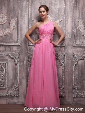 Rose Pink One Shoulder Chiffon Ruched Beading Prom Evening Dress