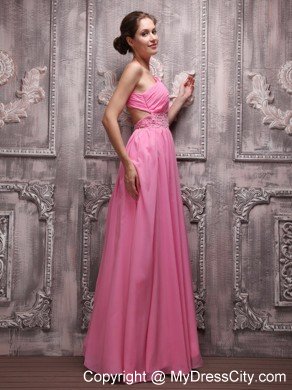 Rose Pink One Shoulder Chiffon Ruched Beading Prom Evening Dress