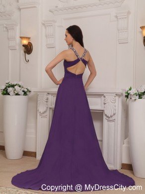 V-neck Train Chiffon Beaded Ruch Prom Dress Purple Cool Back