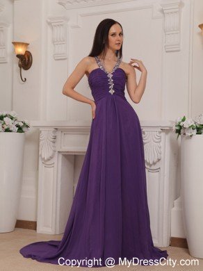 V-neck Train Chiffon Beaded Ruch Prom Dress Purple Cool Back