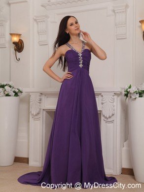 V-neck Train Chiffon Beaded Ruch Prom Dress Purple Cool Back