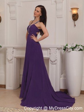 V-neck Train Chiffon Beaded Ruch Prom Dress Purple Cool Back