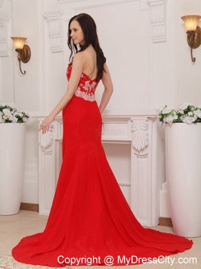 Appliques Red Sweetheart Brush Train Chiffon Prom Pageant Dress