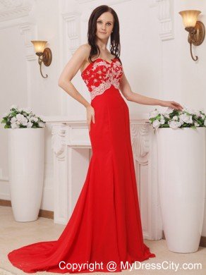 Appliques Red Sweetheart Brush Train Chiffon Prom Pageant Dress