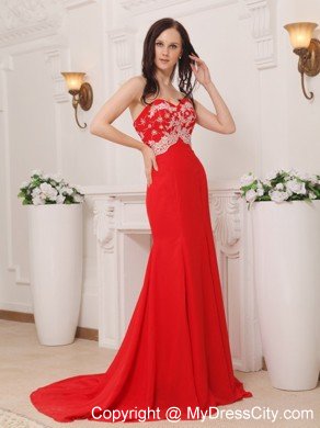 Appliques Red Sweetheart Brush Train Chiffon Prom Pageant Dress