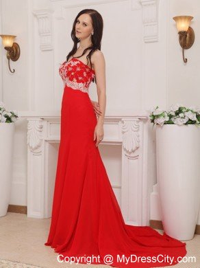 Appliques Red Sweetheart Brush Train Chiffon Prom Pageant Dress