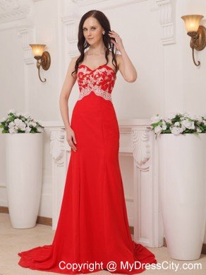 Appliques Red Sweetheart Brush Train Chiffon Prom Pageant Dress