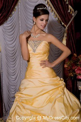 Gold A-line Strapless Sweet 16 Dress for Prom Beading Floor-length