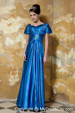 Short Sleeves Blue Empire Sweetheart Floor-length Beaded Prom Dress