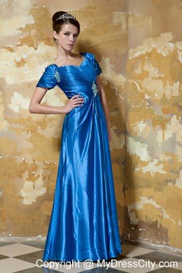 Short Sleeves Blue Empire Sweetheart Floor-length Beaded Prom Dress