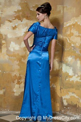 Short Sleeves Blue Empire Sweetheart Floor-length Beaded Prom Dress