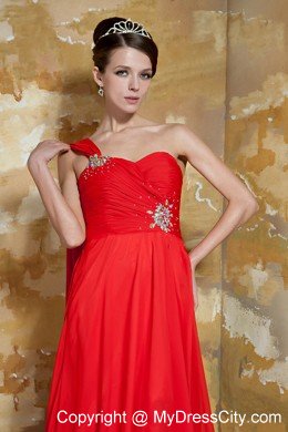 Empire One Shoulder Red Prom Dress Watteau Train Chiffon Beading