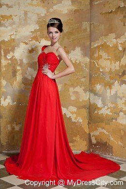 Empire One Shoulder Red Prom Dress Watteau Train Chiffon Beading