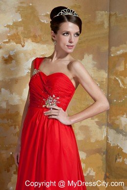 Empire One Shoulder Red Prom Dress Watteau Train Chiffon Beading