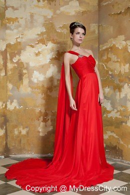 Empire One Shoulder Red Prom Dress Watteau Train Chiffon Beading