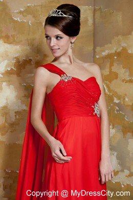 Empire One Shoulder Red Prom Dress Watteau Train Chiffon Beading