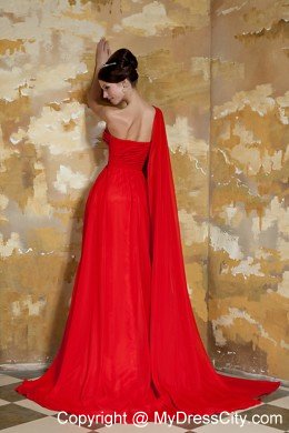 Empire One Shoulder Red Prom Dress Watteau Train Chiffon Beading