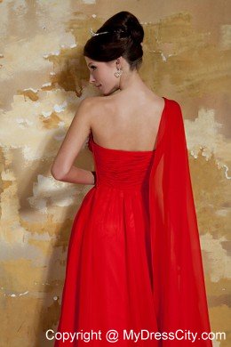 Empire One Shoulder Red Prom Dress Watteau Train Chiffon Beading