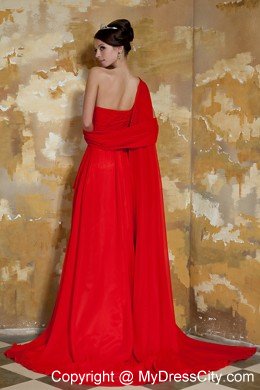 Empire One Shoulder Red Prom Dress Watteau Train Chiffon Beading