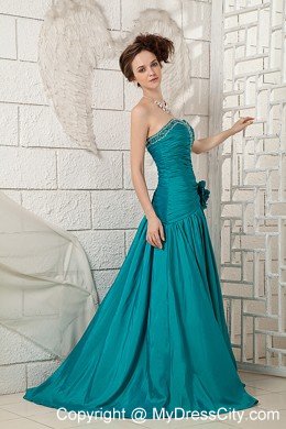 Sweetheart Beading Turquoise A-line Prom Dress with Brush Train