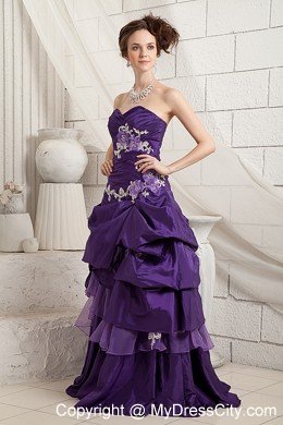 Ruching Sweetheart Appliques Brush Train Purple A-line Prom Dress