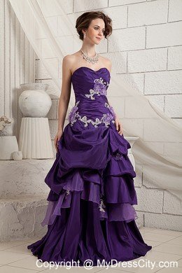 Ruching Sweetheart Appliques Brush Train Purple A-line Prom Dress