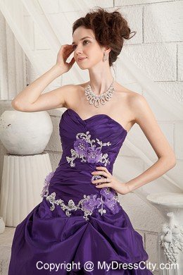 Ruching Sweetheart Appliques Brush Train Purple A-line Prom Dress