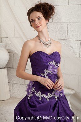 Ruching Sweetheart Appliques Brush Train Purple A-line Prom Dress