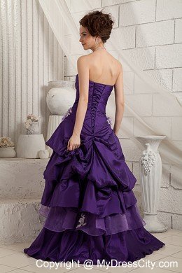 Ruching Sweetheart Appliques Brush Train Purple A-line Prom Dress