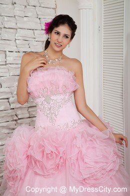 Hand Flower Baby Pink Long Prom Dress A-line Strapless Beading