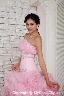 Hand Flower Baby Pink Long Prom Dress A-line Strapless Beading